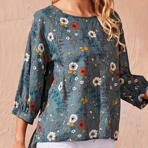 Emery Rose Blue Floral Lantern‑Sleeve Top – Women’s XL, Excellent Condition